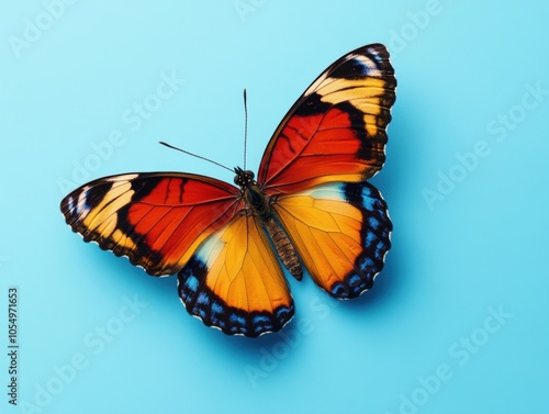 A butterfly with orange and blue wings is sitting on a blue background