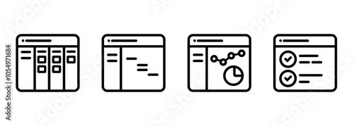 Project management software icon set stroke outline illustration symbol of kanban board gantt chart layout interface
