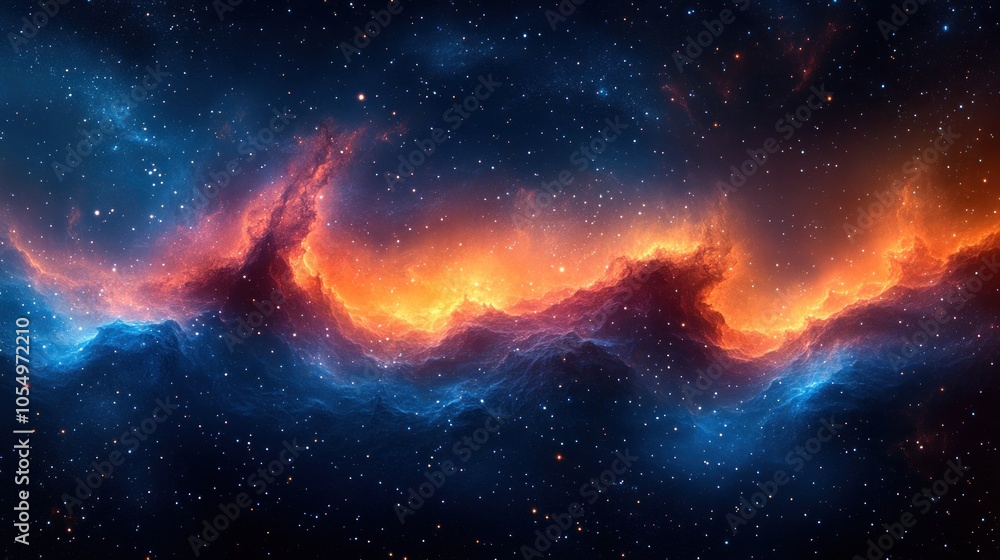 Obraz premium A Celestial Landscape of Blue and Orange Nebulae with Scattered Stars