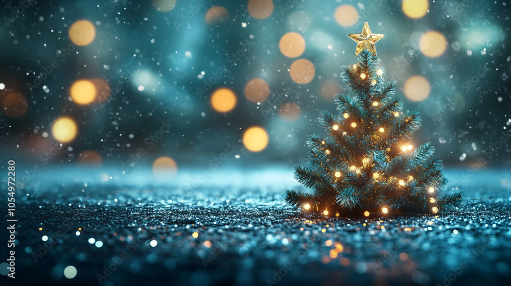 A beautifully lit Christmas tree surrounded by falling snowflakes and shimmering lights at night A beautifully lit Christmas tree surrounded by falling snowflakes and shimmering lights at night