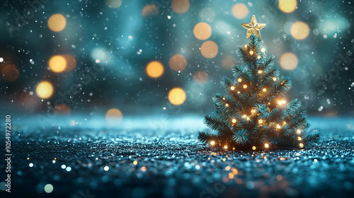 A beautifully lit Christmas tree surrounded by falling snowflakes and shimmering lights at night