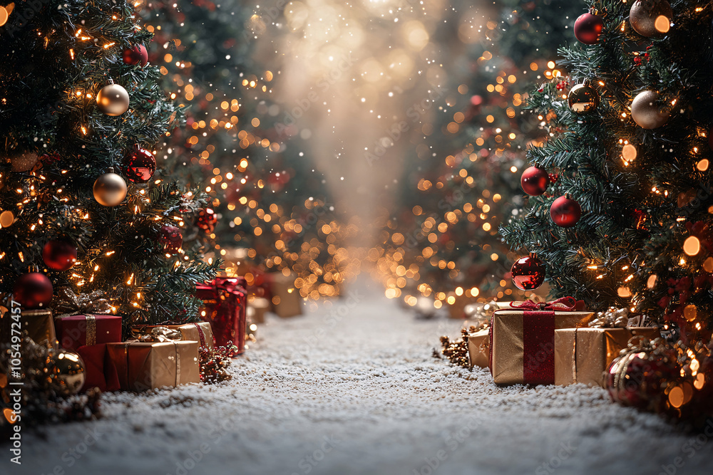 A beautifully arranged Christmas scene featuring festive trees, ornaments, and presents, ideal for holiday cards, decorations, or seasonal marketing materials. A beautifully arranged Christmas scene featuring festive trees, ornaments, and presents, ideal for holiday cards, decorations, or seasonal marketing materials.