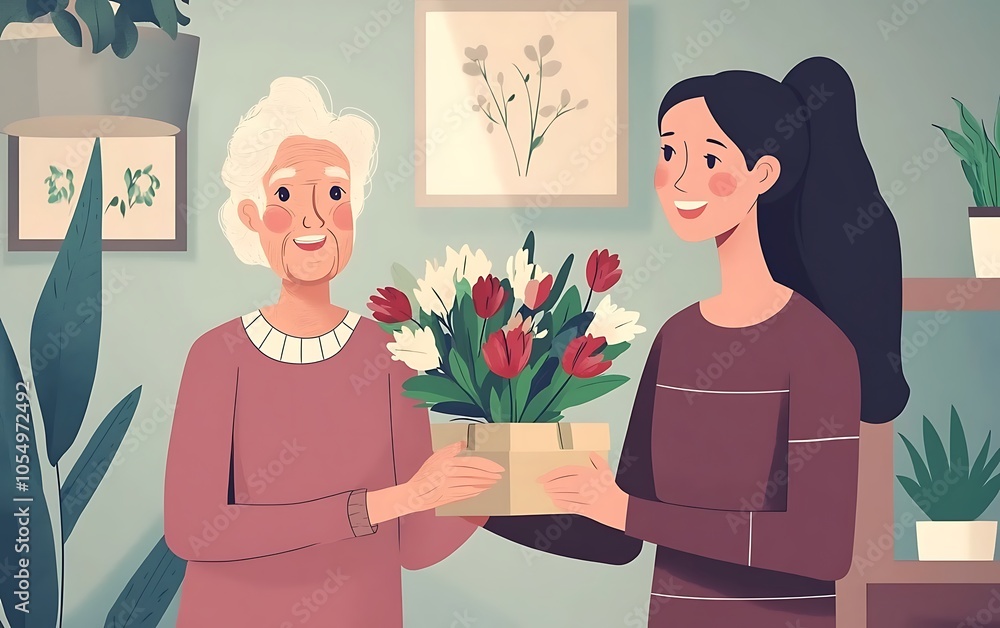 Loving young adult female child congratulate excited elderly mother with birthday anniversary at home Smiling caring grownup millennial daughter present gift flowers to old mom on women s day Loving young adult female child congratulate excited elderly mother with birthday anniversary at home Smiling caring grownup millennial daughter present gift flowers to old mom on women s day