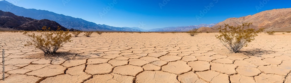 A vast dry landscape featuring cracked earth and sparse vegetation ...