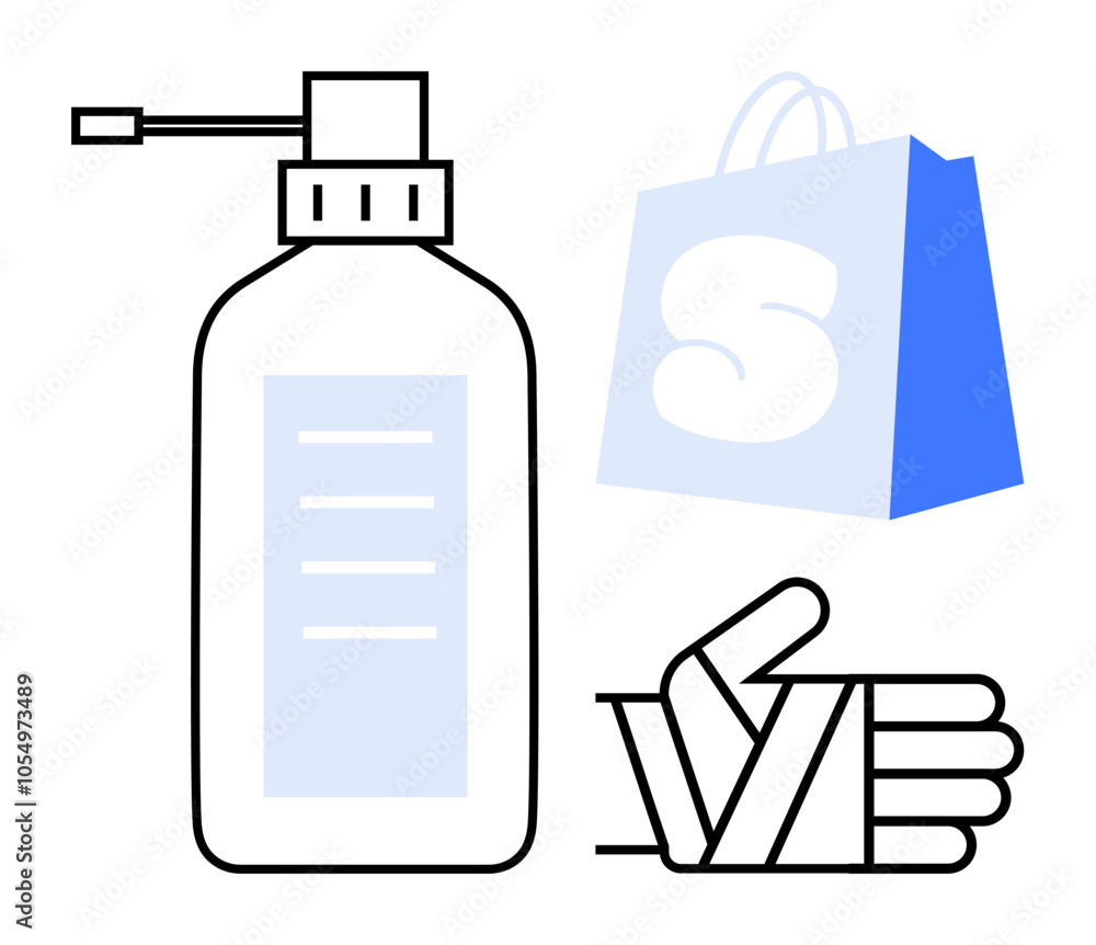 Obraz premium Hand sanitizer bottle, bandaged hand, and shopping bag. Ideal for health, hygiene, shopping, first aid, and cleanliness. Simple modern style