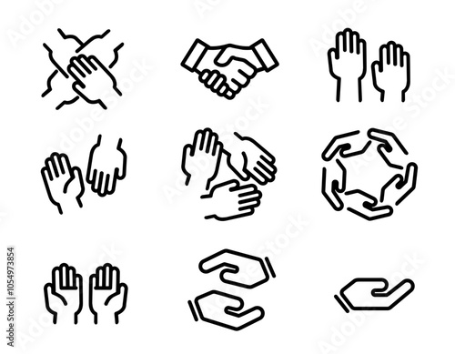 collaboration teamwork arm solidarity hand gesture icon set line outline collection concept of community support
