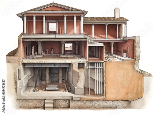 Detailed Schematic of an Ancient Roman Hypocaust Cross Section Showcasing the Complex Heating System photo