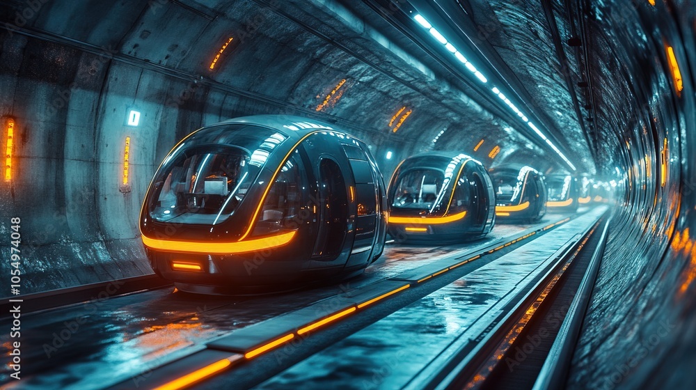 Fototapeta premium Self driving vehicles in an underground tunnel. Concept