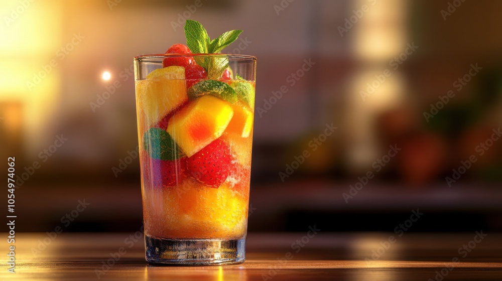 A beautifully decorated fruit drink in a glass with realistic lighting, showcasing vibrant colors A beautifully decorated fruit drink in a glass with realistic lighting, showcasing vibrant colors