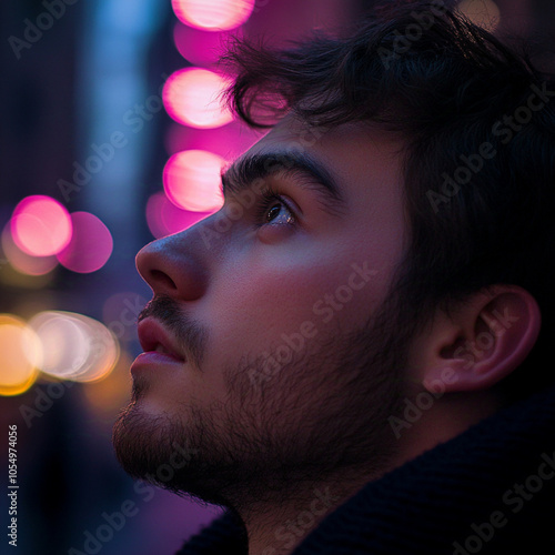 a young man, close-up of his face, it looks up in profile, its dark in the city, bokeh lights behind him. His face is illuminated screen . a slight smile and is looking in wonder. photo