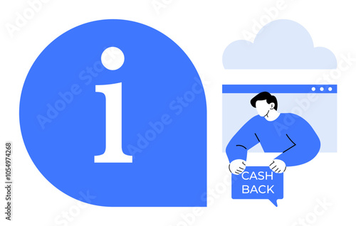 Large blue information symbol on the left with a person on the right holding Cash Back sign. Ideal for technology, finance, customer support, online services, and information distribution. Flat