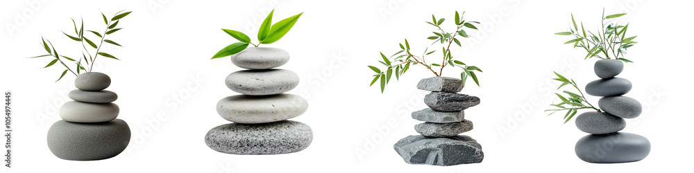 Set of A stacked grey stones with bamboo leaves, on a transparent background cutout Set of A stacked grey stones with bamboo leaves, on a transparent background cutout