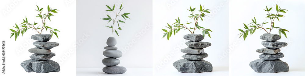 Set of A stacked grey stones with bamboo leaves, on a transparent background cutout Set of A stacked grey stones with bamboo leaves, on a transparent background cutout