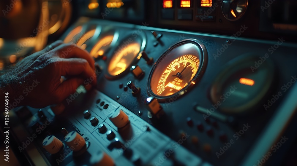 Analog Sound Level Meter in Use with Glowing Vintage Audio Equipment Controls Analog Sound Level Meter in Use with Glowing Vintage Audio Equipment Controls