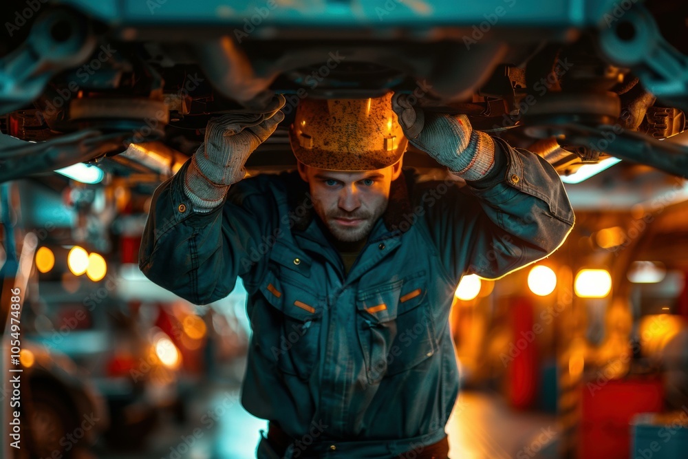 A mechanic works on a car in a garage. AI. A mechanic works on a car in a garage. AI.