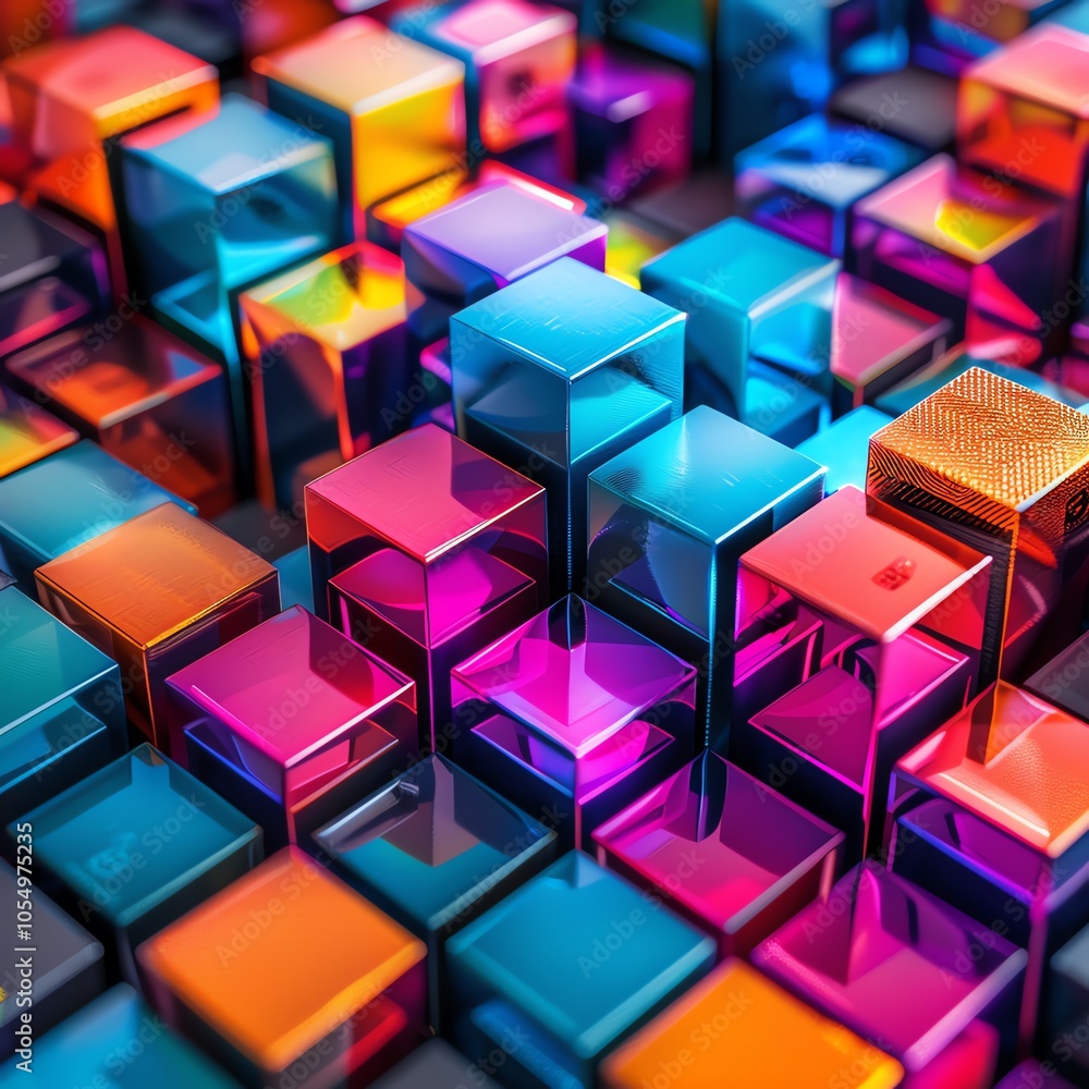 Colorful abstract arrangement of glossy, reflective cubes in vibrant hues, creating a striking visual texture and depth. Colorful abstract arrangement of glossy, reflective cubes in vibrant hues, creating a striking visual texture and depth.