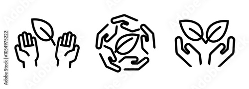 ecology sustainability icon set outline line illustration hands with leaves community collaboration for environmental organic symbol