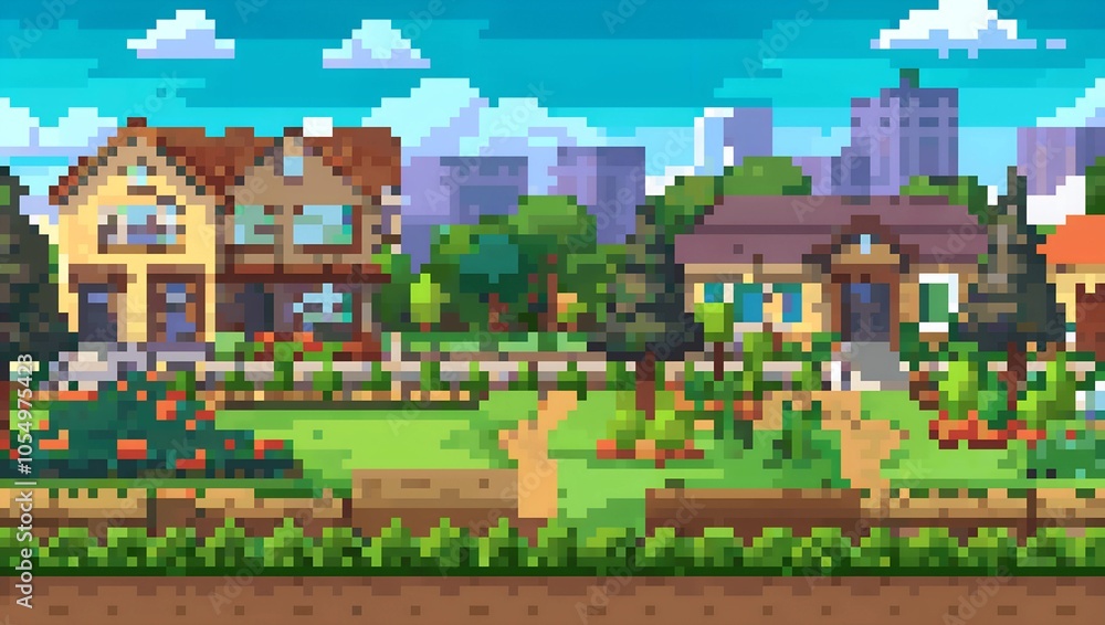 Suburban neighborhood with gardens during daytime pixel art background ...