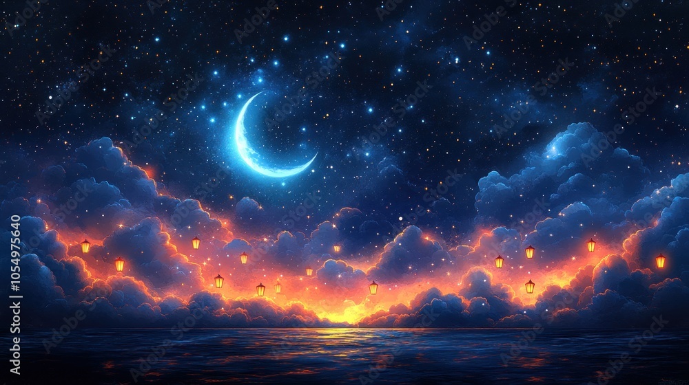 A crescent moon shines over a glowing sea at night, surrounded by clouds and lanterns. A crescent moon shines over a glowing sea at night, surrounded by clouds and lanterns.