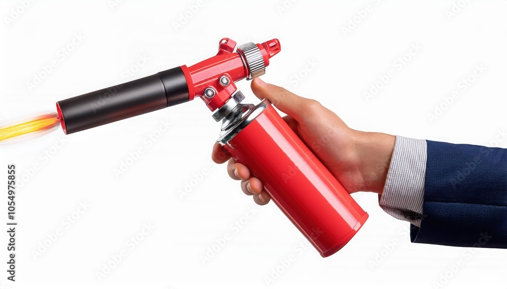 Naklejka premium Hand holding modern fire extinguisher with flames, white background