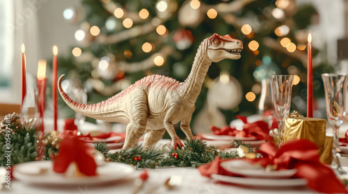 Festive dinosaur delight a unique christmas table setting with a whimsical touch of prehistoric charm photo