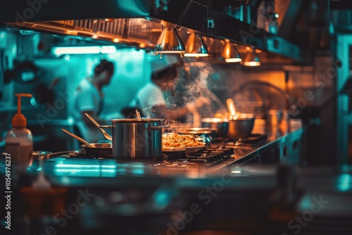 A bustling kitchen with chefs preparing meals. AI.