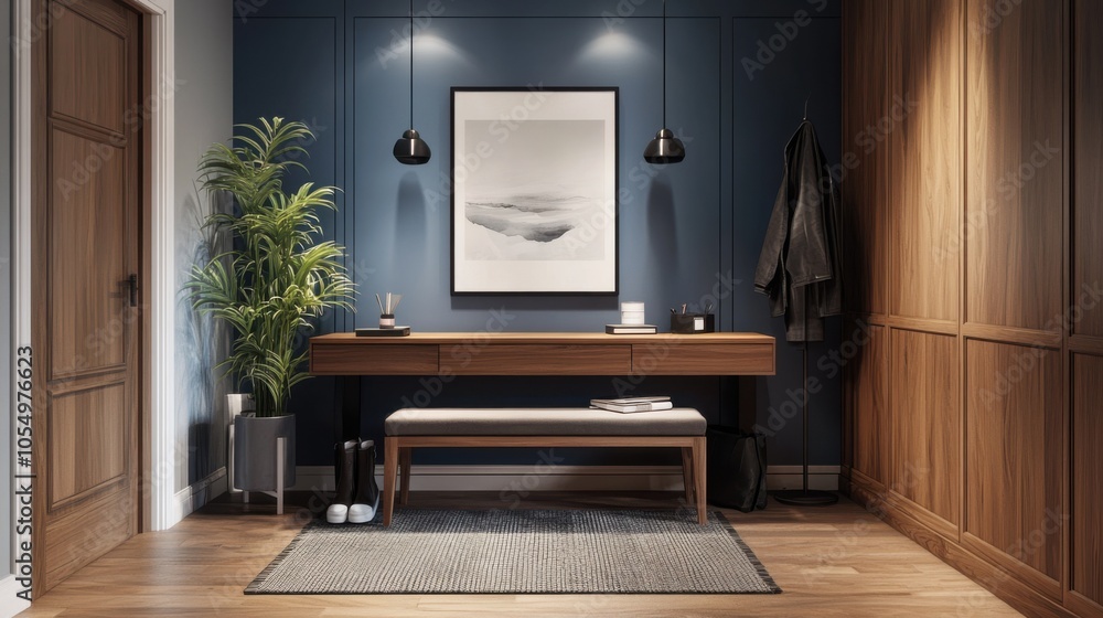 custom made wallpaper toronto digitalA cozy entrance hallway with a contemporary wooden design, featuring a sleek desk,