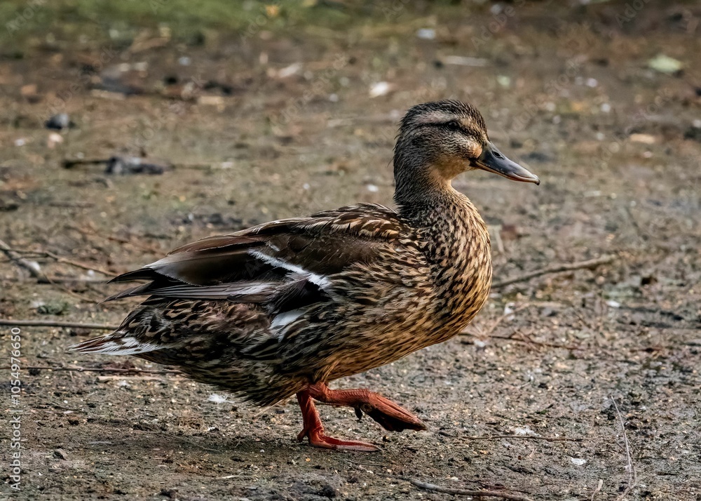 Mallard duck walking on muddy ground Mallard duck walking on muddy ground