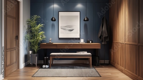 Wallpaper Mural A cozy entrance hallway with a contemporary wooden design, featuring a sleek desk, Torontodigital.ca
