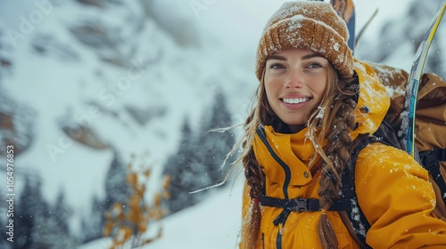 a cinematic portrait, a beautiful person wearing a ski suit and holding skis, standing in the winter mountain, natural colors photo