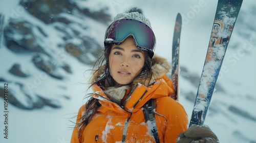 a cinematic portrait, a beautiful person wearing a ski suit and holding skis, standing in the winter mountain, natural colors photo