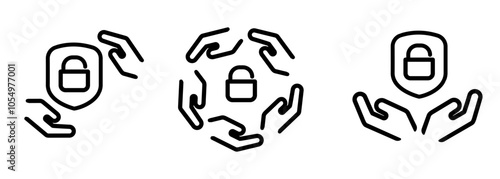 Security hand protect shield lock padlock icon set illustration line outline stroke symbol of digital encryption privacy service
