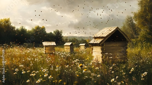 Pastoral Apiary in Lush Meadow with Rustic Beehives and Buzzing Bees
