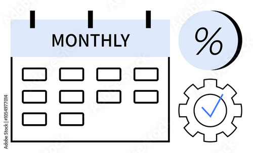 Calendar with MONTHLY label, percentage symbol, and gear with checkmark. Ideal for scheduling, productivity tools, task management, financial planning, time tracking, business strategy, educational