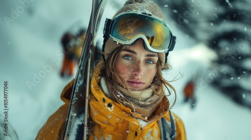 a cinematic portrait, a beautiful person wearing a ski suit and holding skis, standing in the winter mountain, natural colors photo