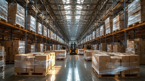Wallpaper Mural A busy warehouse filled with stacked boxes and forklifts in operation during the day Torontodigital.ca