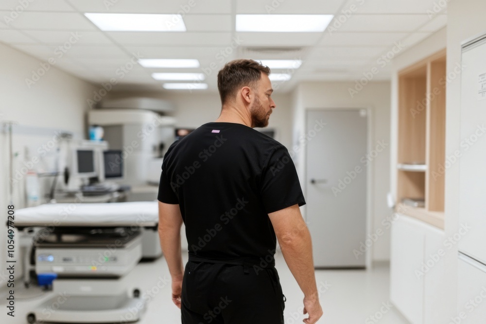 Doctor walking in hospital corridor near medical equipment Doctor walking in hospital corridor near medical equipment