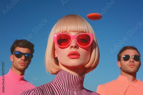 Fashion models wearing sunglasses posing under a flying disc in the sky