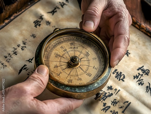 Aged Brass and Jade Chinese Compass Held in Scholar s Weathered Hands Amid Traditional Sumi e Ink Painting Artifacts photo