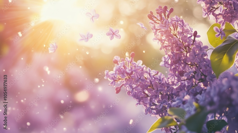 A flurry of lilac petals soaring in the air under the soft spring sun A flurry of lilac petals soaring in the air under the soft spring sun