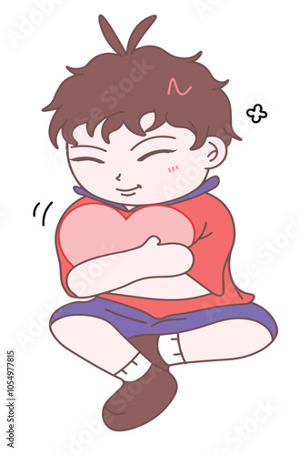 Illustration of a cute little Boy hugging heart and smiling, eps, cartoon