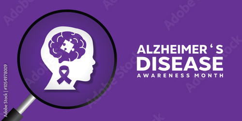 National Alzheimers Disease Awareness Month. Human, jigsaw, ribbon and magnifying glass. Great for cards, banners, posters, social media and more. Purple background.