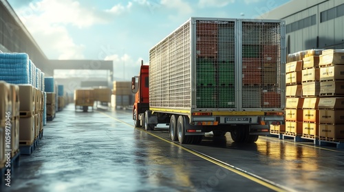 Logistics truck loaded with cargo containers in a sunny industrial warehouse setting, ready for transport. Efficient supply chain management. photo