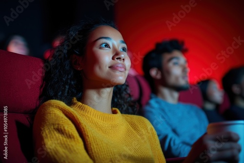 Young woman enjoying watching movie in cinema theater