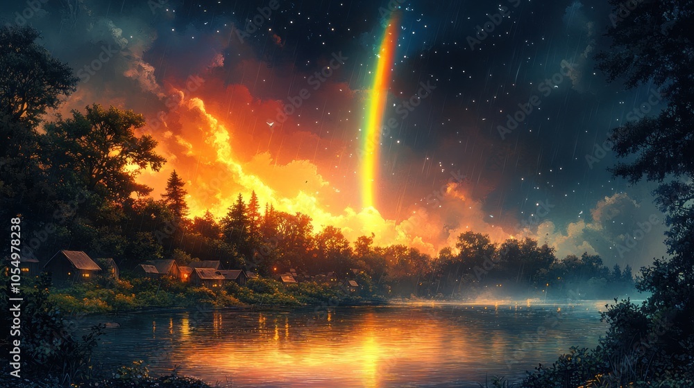 A Village Nestled by a Lake Under a Starry Sky and a Rainbow A Village Nestled by a Lake Under a Starry Sky and a Rainbow