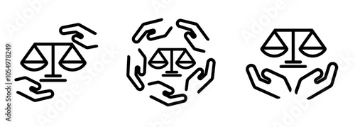 Justice lawyer attorney service scales icon set illustration line outline stroke symbol of balance legal community support with hand gesture