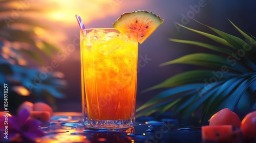 A glass of tropical fruit juice, artistically garnished and illuminated with warm, realistic