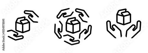 cardboard box and hand icon set illustration line outline stroke symbol of delivery service package shipping handle wit care