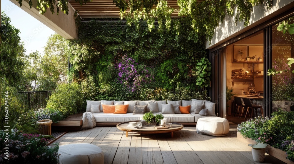 A large, light-wood terrace surrounded by nature, with green plants and flowers A large, light-wood terrace surrounded by nature, with green plants and flowers