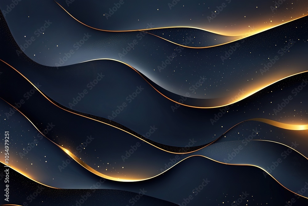 Abstract dark blue background with golden wavy lines and glowing lights. (1) Abstract dark blue background with golden wavy lines and glowing lights. (1)